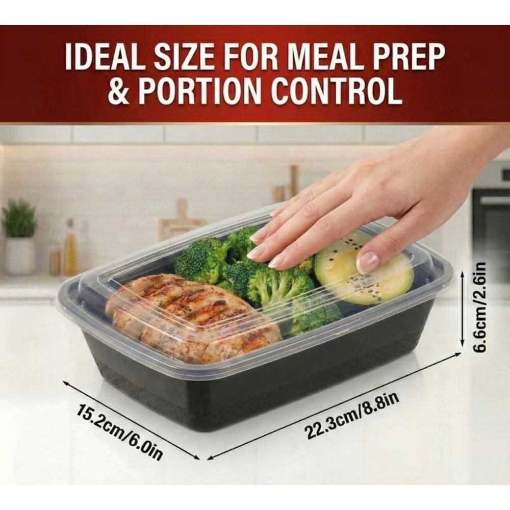 100pcs(50 Containers+50 Lids) 38oz Black Rectangular Meal Prep Containers